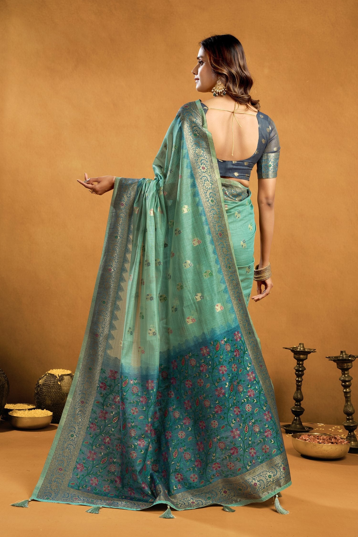 Jyoti Fashion Women's Turquoise Premium Spun Cotton Zari Woven Saree with Blouse | Grocsy