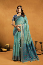 Jyoti Fashion Women's Turquoise Premium Spun Cotton Zari Woven Saree with Blouse | Grocsy