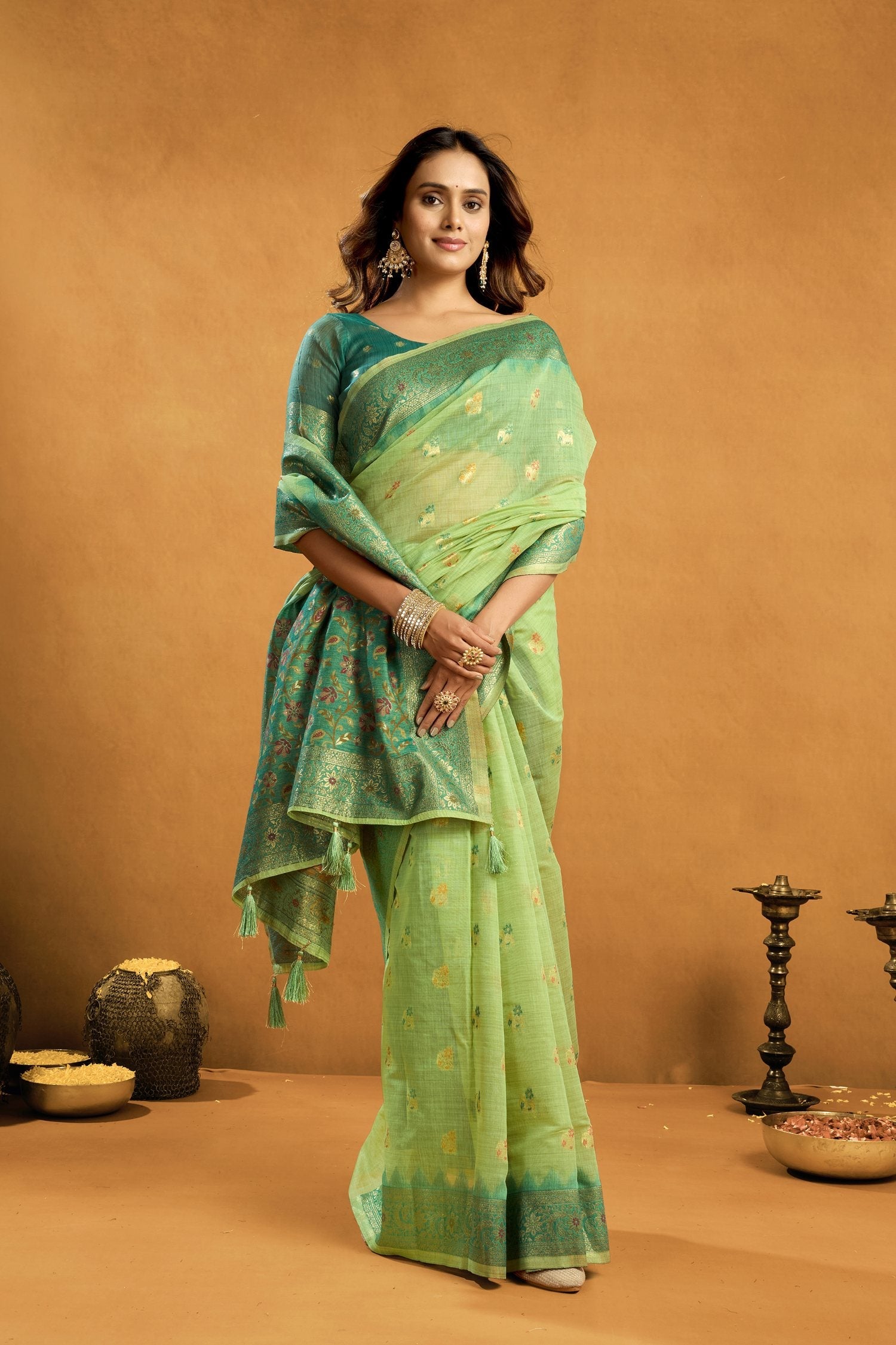 Jyoti Fashion Women's Green Premium Spun Cotton Zari Woven Saree with Blouse | Grocsy