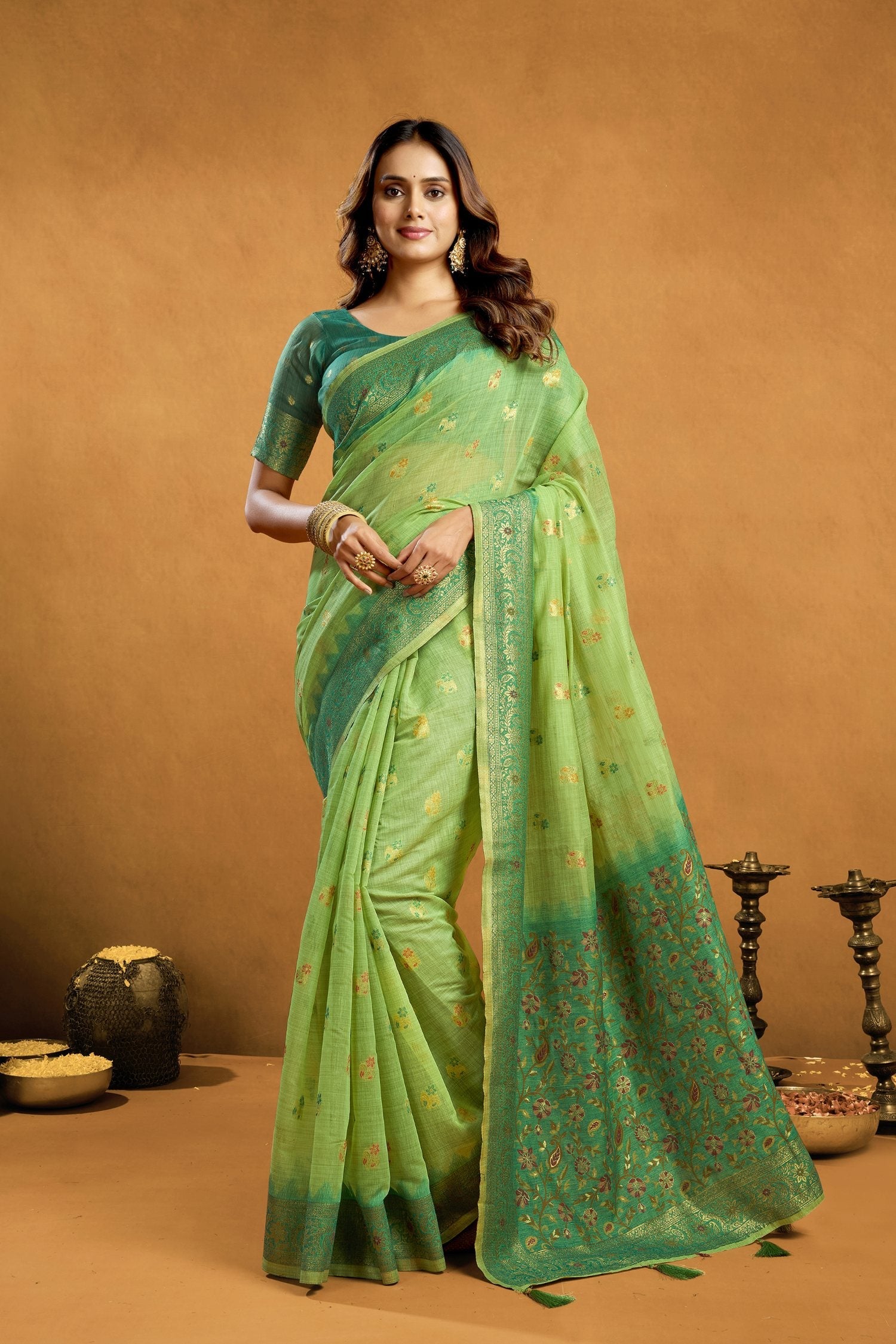 Jyoti Fashion Women's Green Premium Spun Cotton Zari Woven Saree with Blouse | Grocsy