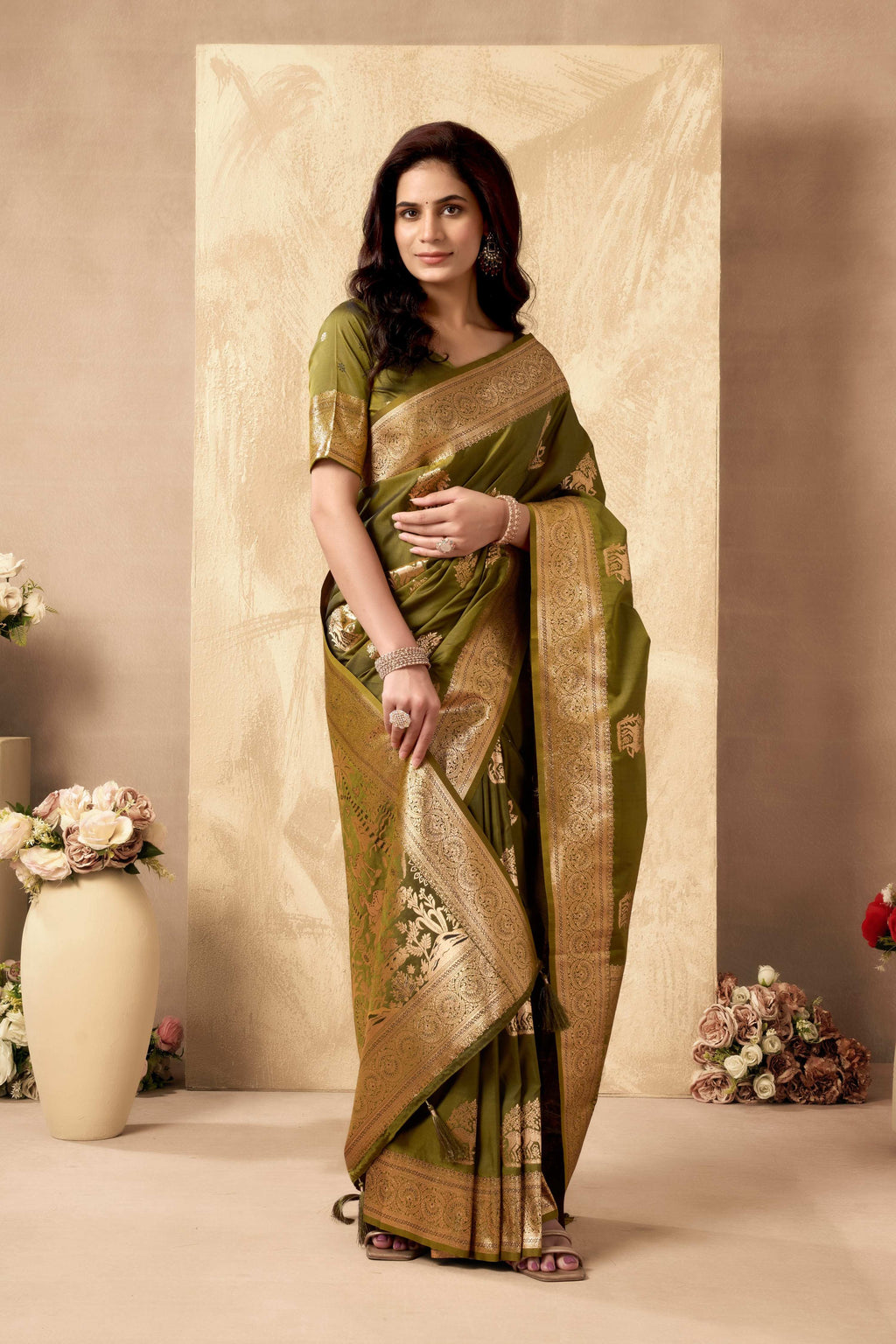Jyoti Fashion Women's Mehendi Silk Zari Woven Saree with Blouse | Grocsy
