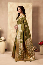 Jyoti Fashion Women's Mehendi Silk Zari Woven Saree with Blouse | Grocsy