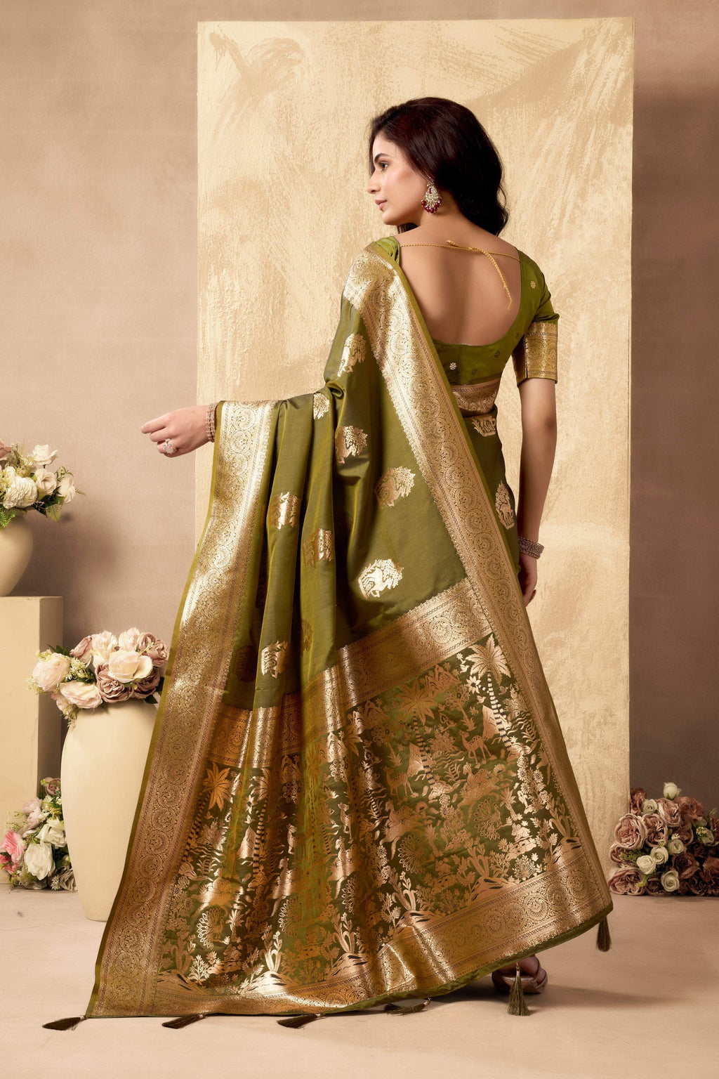 Jyoti Fashion Women's Mehendi Silk Zari Woven Saree with Blouse | Grocsy