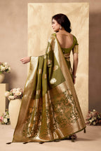 Jyoti Fashion Women's Mehendi Silk Zari Woven Saree with Blouse | Grocsy