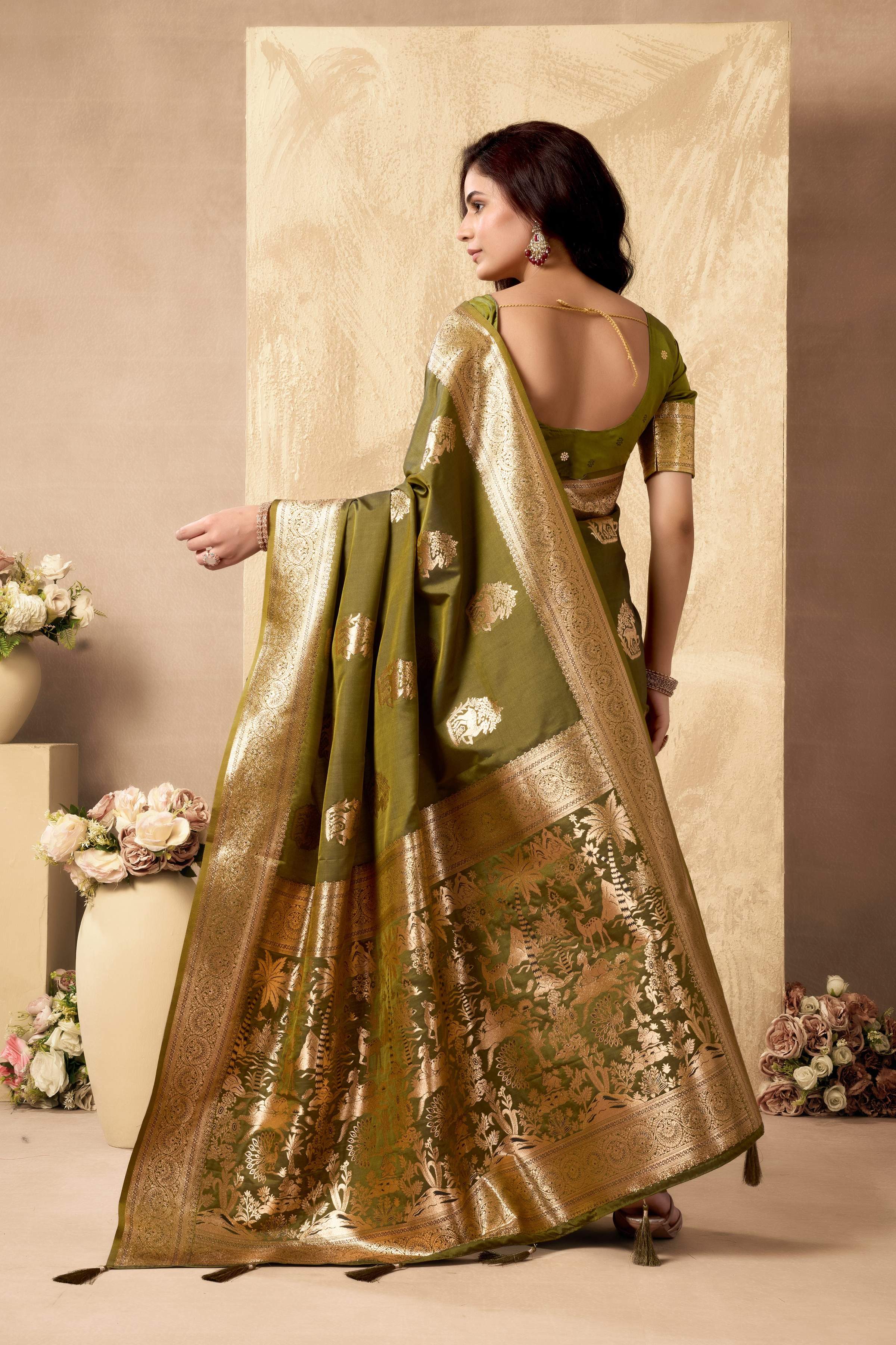 Jyoti Fashion Women's Mehendi Silk Zari Woven Saree with Blouse | Grocsy