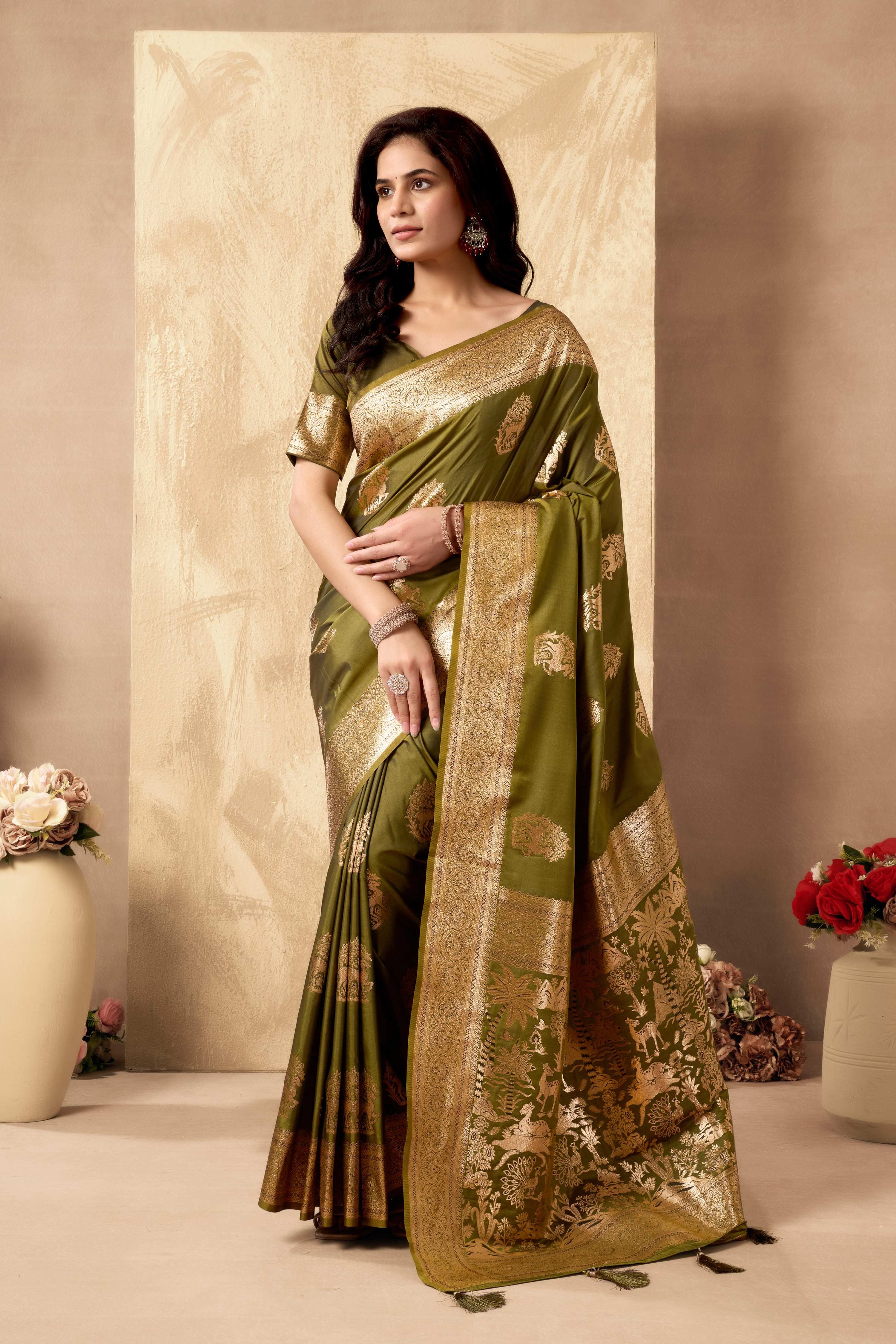 Jyoti Fashion Women's Mehendi Silk Zari Woven Saree with Blouse | Grocsy