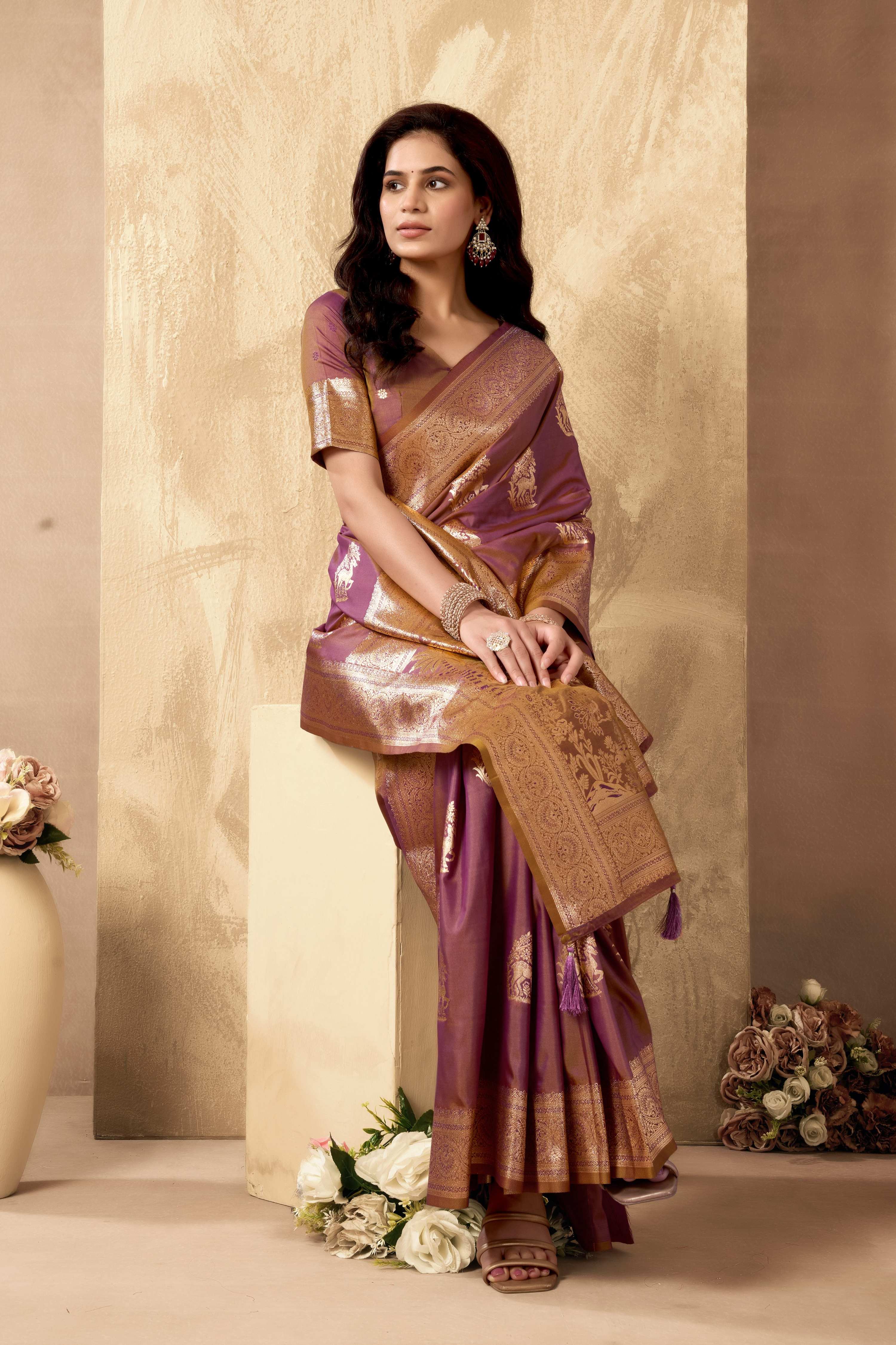 Jyoti Fashion Women's Wine Silk Zari Woven Saree with Blouse | Grocsy