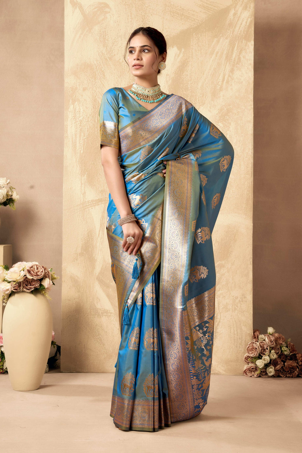 Jyoti Fashion Women's Sky Blue Silk Zari Woven Saree with Blouse | Grocsy