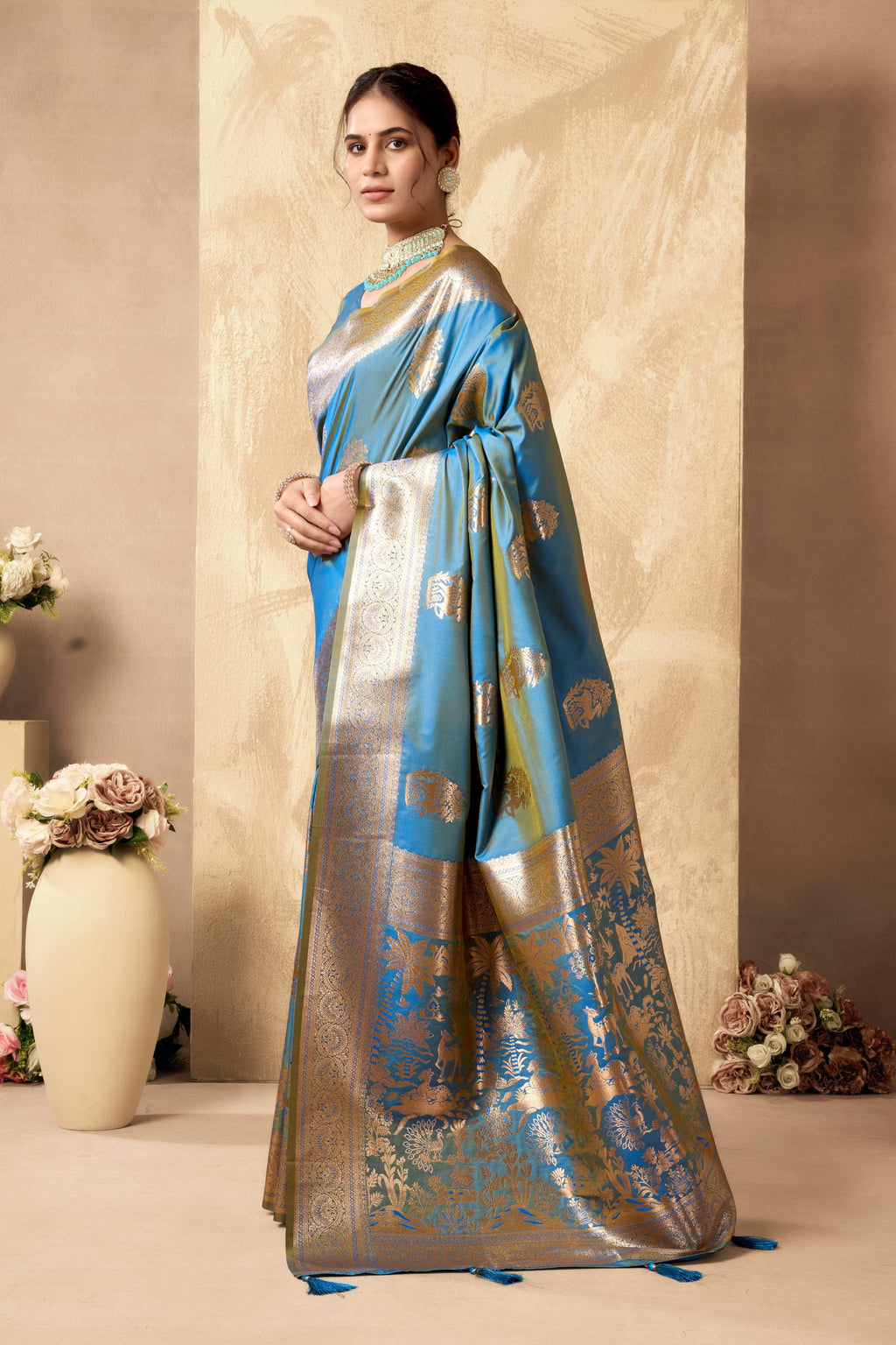Jyoti Fashion Women's Sky Blue Silk Zari Woven Saree with Blouse | Grocsy