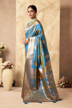 Jyoti Fashion Women's Sky Blue Silk Zari Woven Saree with Blouse | Grocsy