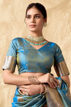 Jyoti Fashion Women's Sky Blue Silk Zari Woven Saree with Blouse | Grocsy