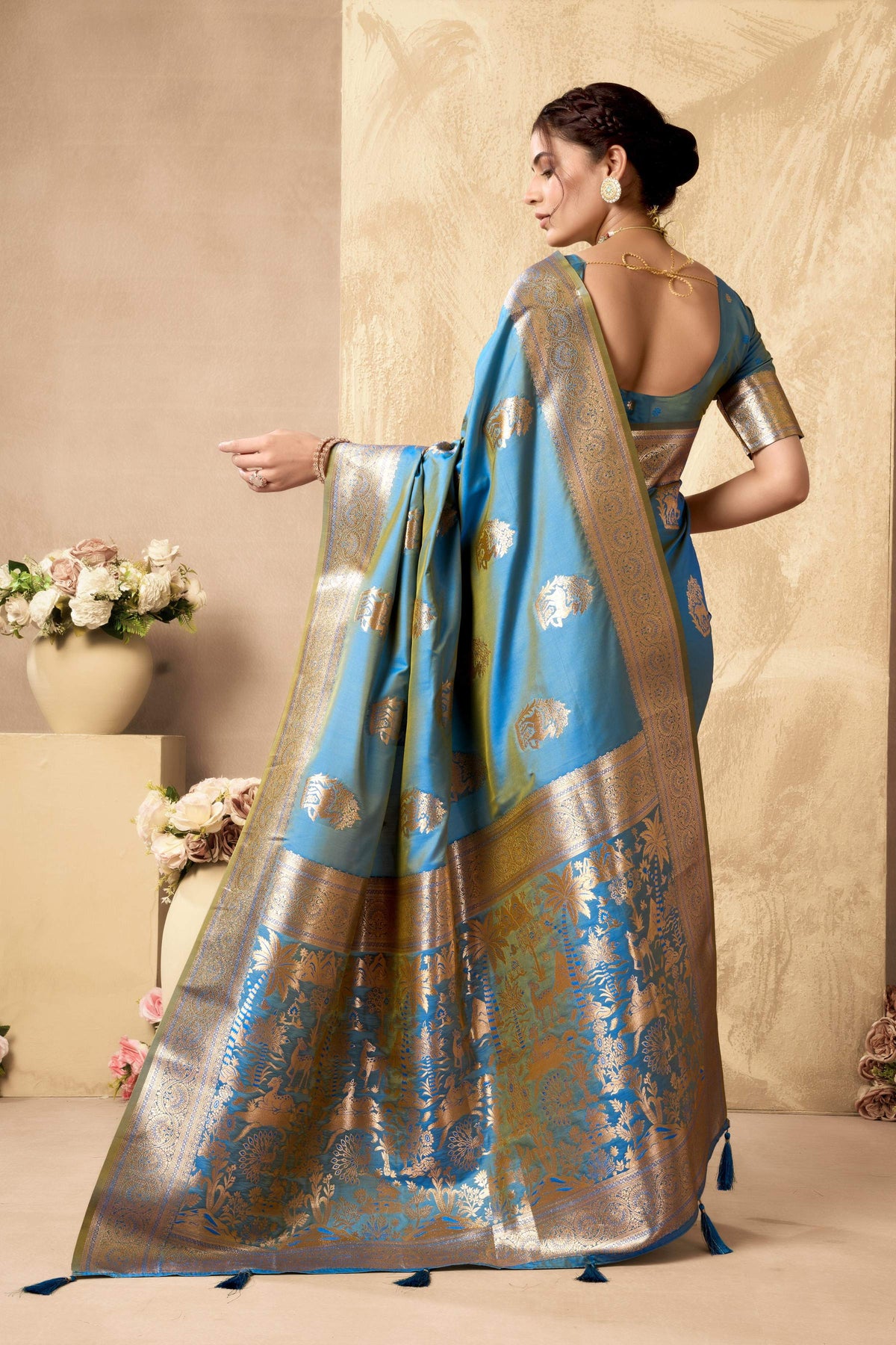Jyoti Fashion Women's Sky Blue Silk Zari Woven Saree with Blouse | Grocsy