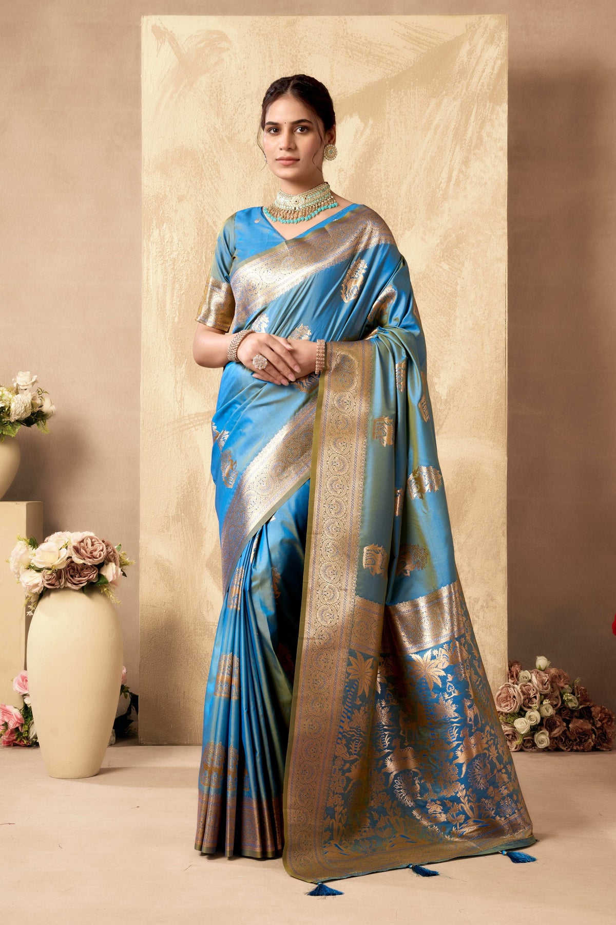 Jyoti Fashion Women's Sky Blue Silk Zari Woven Saree with Blouse | Grocsy