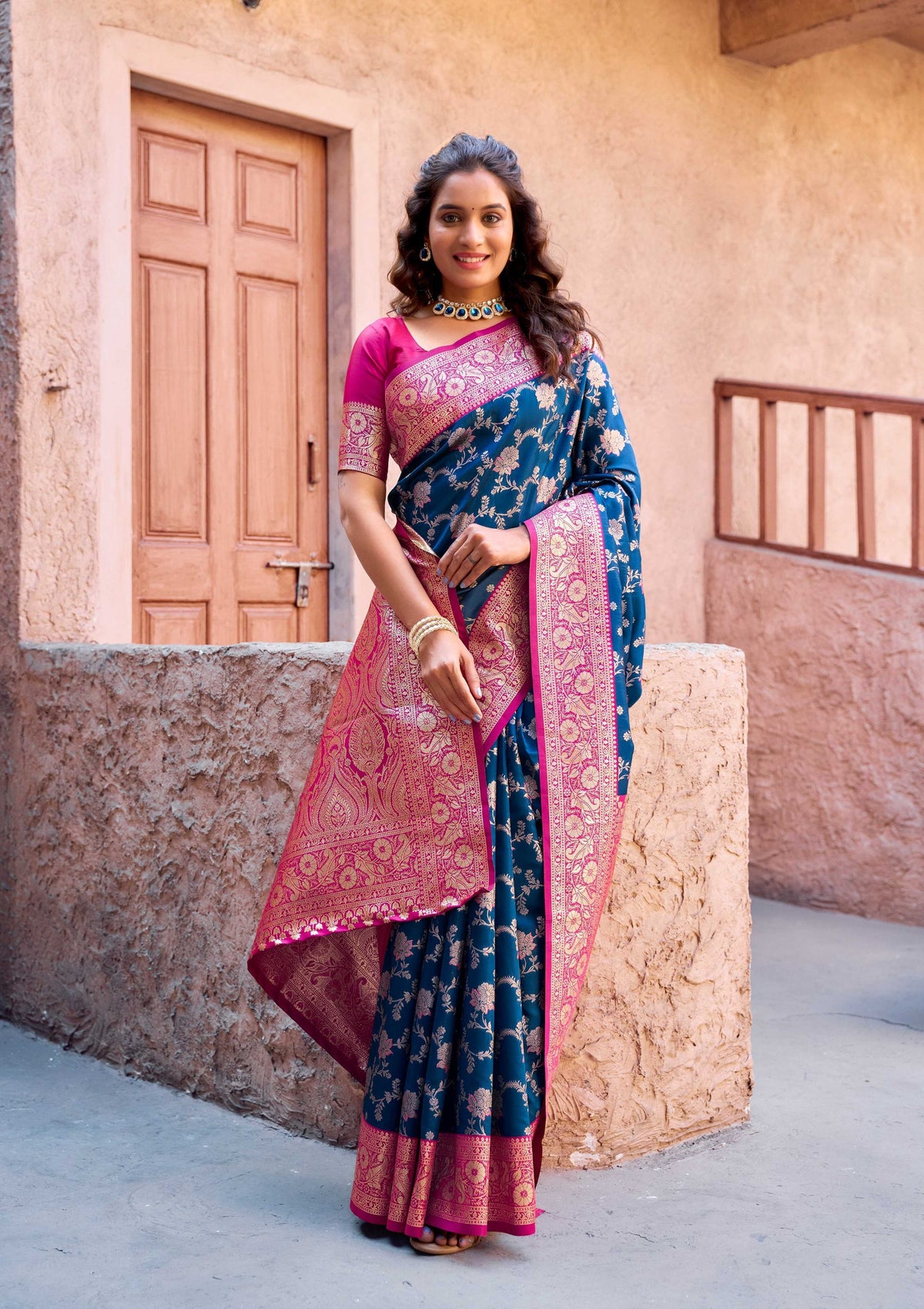 Jyoti Fashion Women's Navy Blue Silk Zari Woven Saree with Blouse | Grocsy