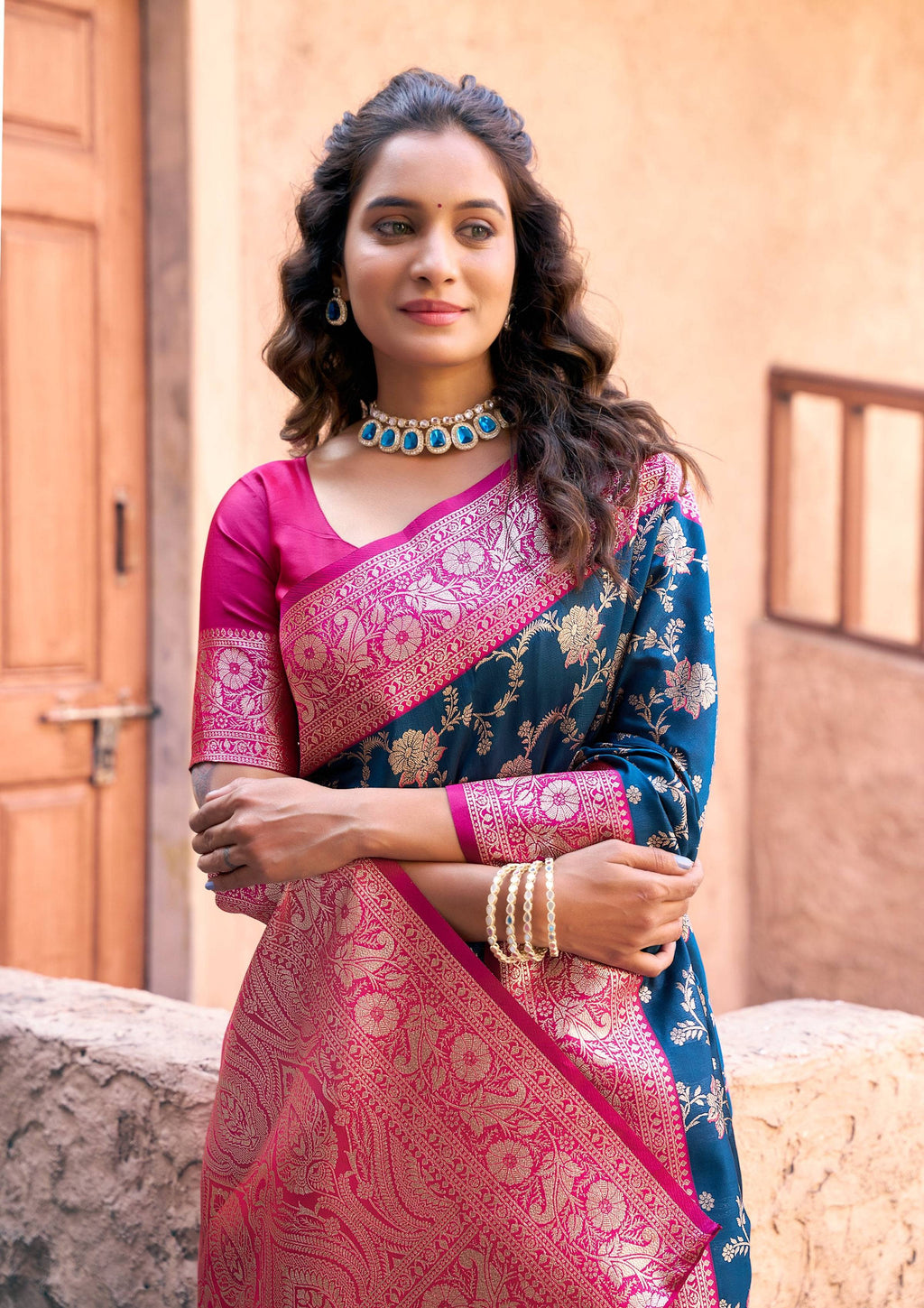 Jyoti Fashion Women's Navy Blue Silk Zari Woven Saree with Blouse | Grocsy
