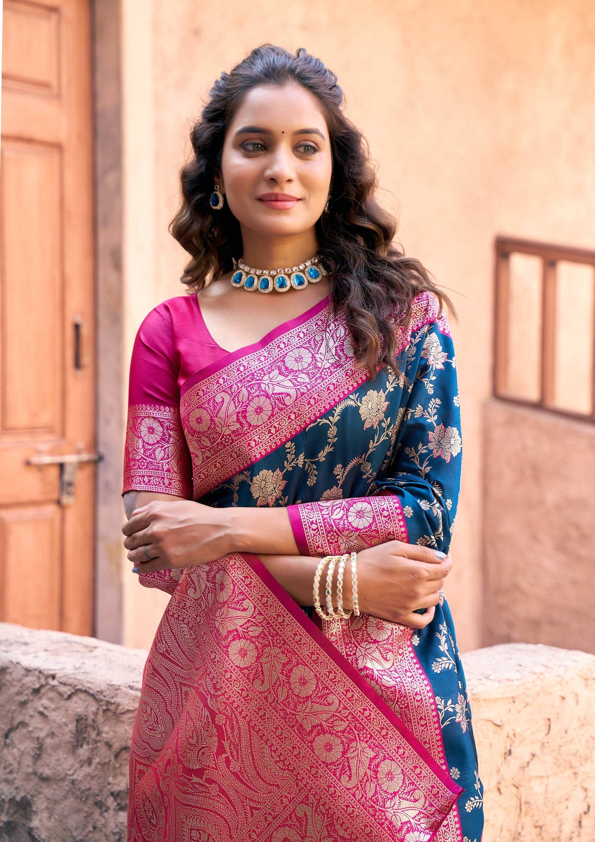 Jyoti Fashion Women's Navy Blue Silk Zari Woven Saree with Blouse | Grocsy