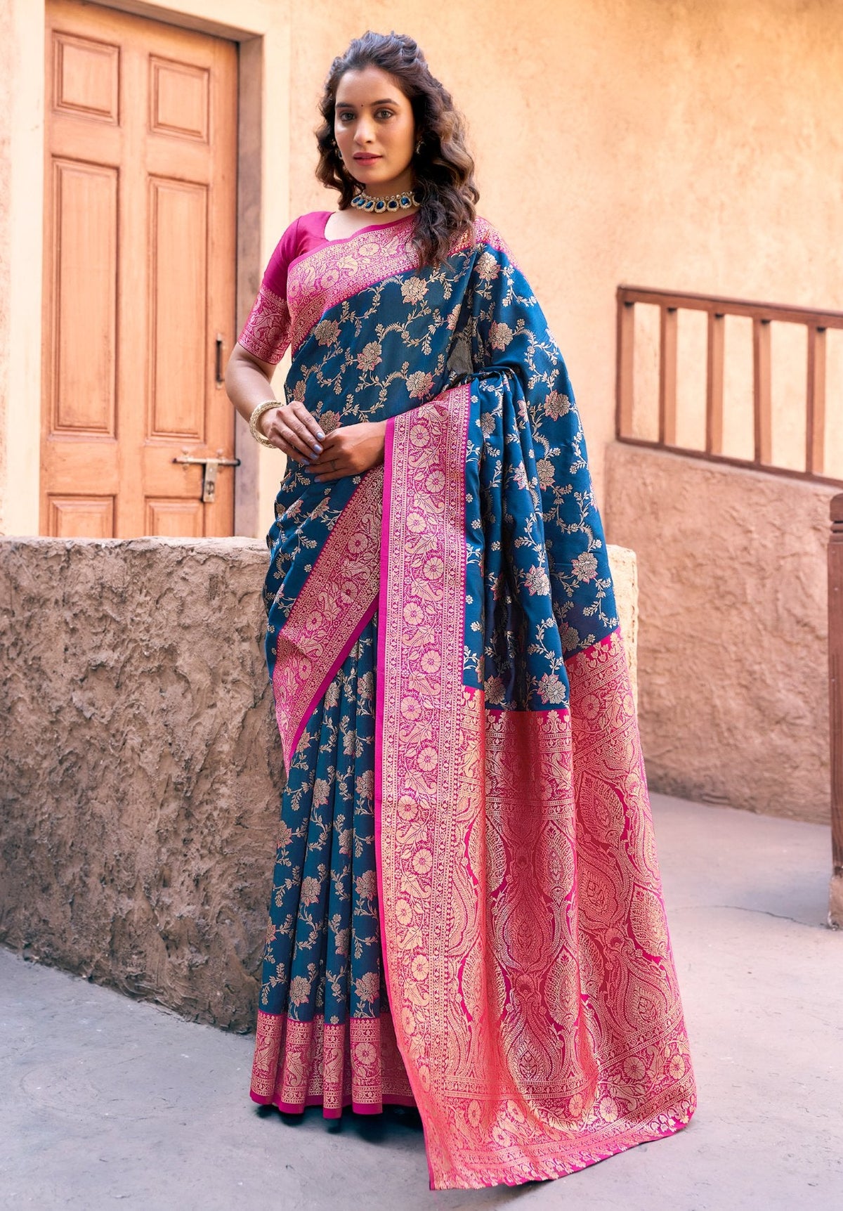 Jyoti Fashion Women's Navy Blue Silk Zari Woven Saree with Blouse | Grocsy