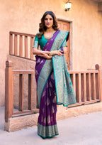 Jyoti Fashion Women's Purple Silk Zari Woven Saree with Blouse | Grocsy