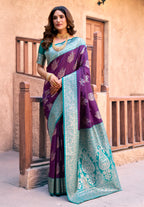 Jyoti Fashion Women's Purple Silk Zari Woven Saree with Blouse | Grocsy