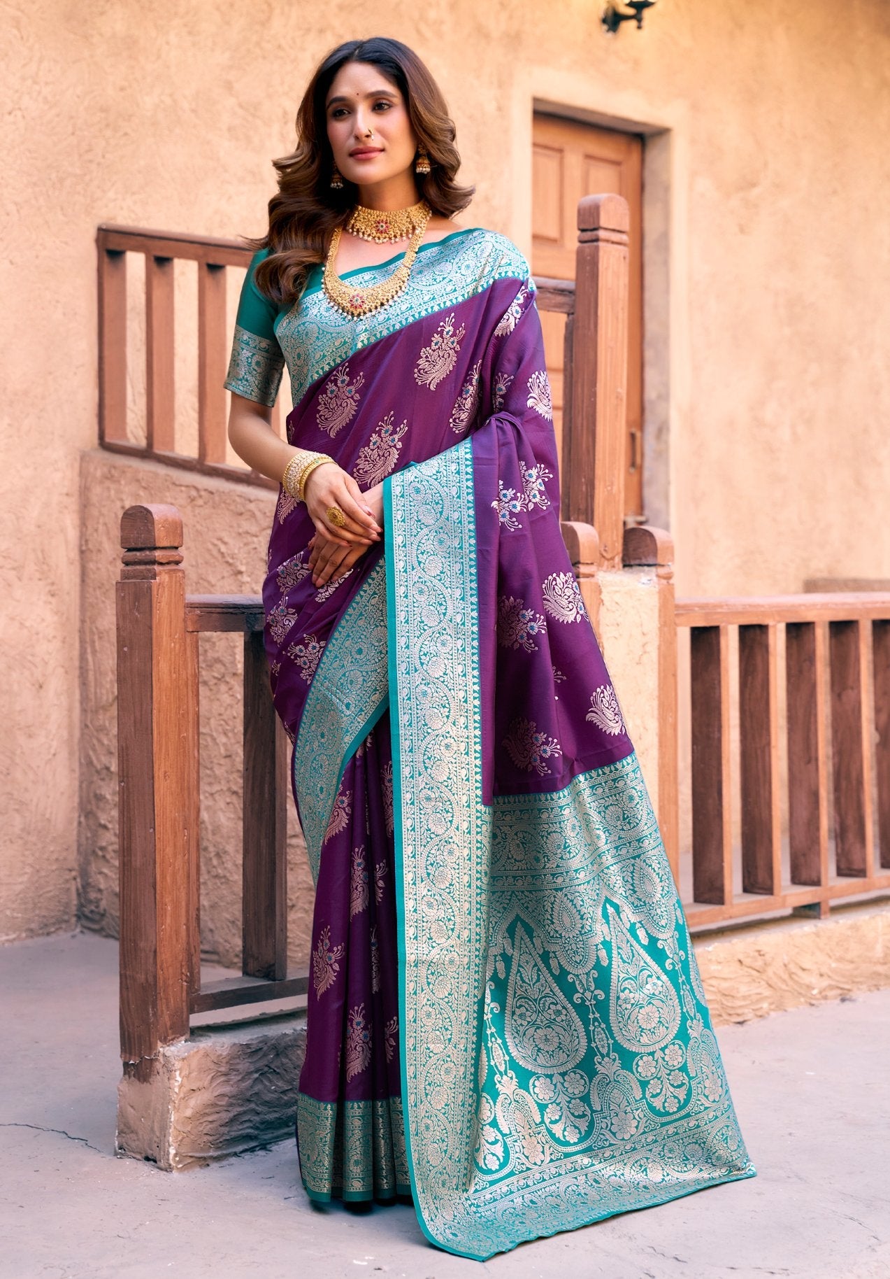 Jyoti Fashion Women's Purple Silk Zari Woven Saree with Blouse | Grocsy