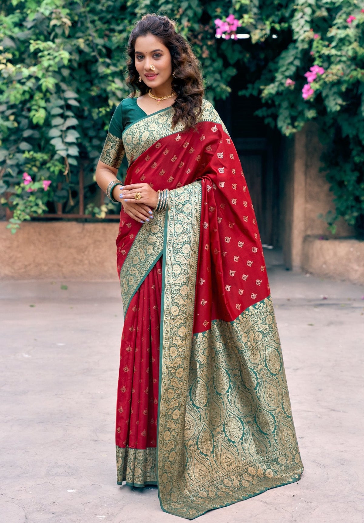 Jyoti Fashion Women's Red Silk Zari Woven Saree with Blouse | Grocsy