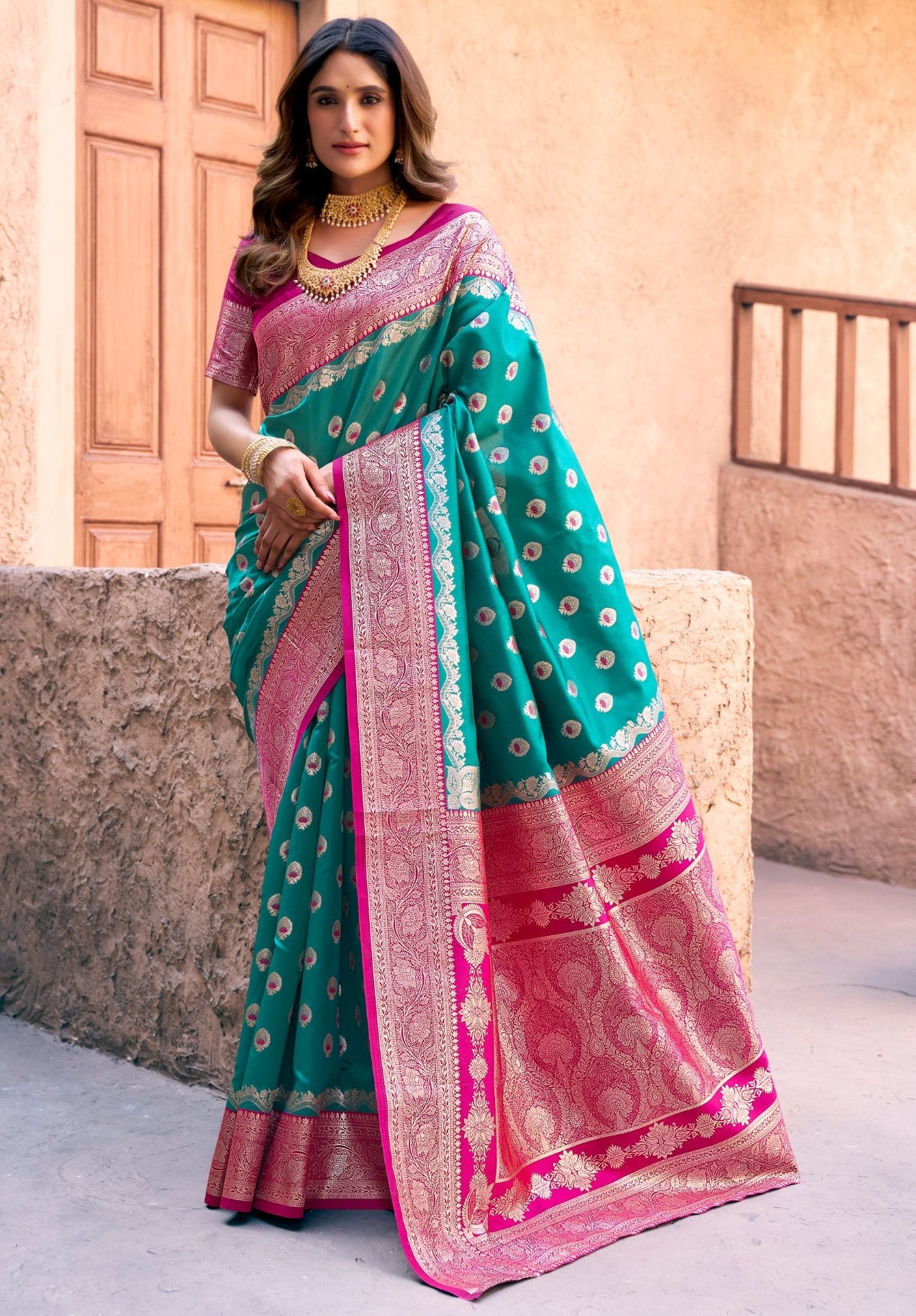 Jyoti Fashion Women's Turquoise Silk Zari Woven Saree with Blouse | Grocsy