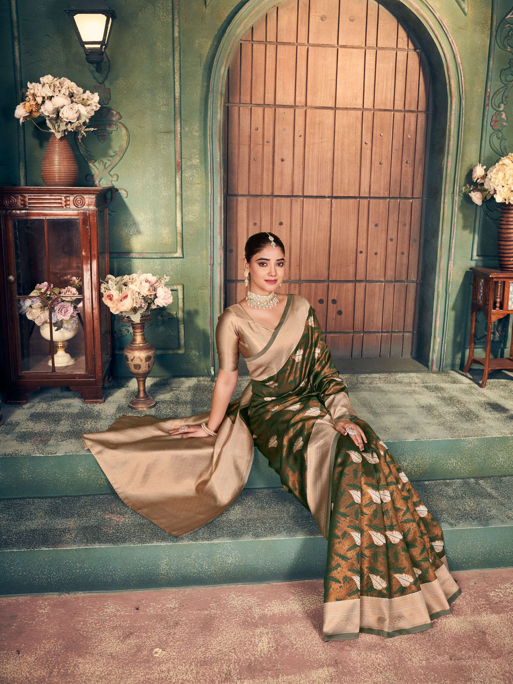 Jyoti Fashion Women's Mehendi Silk Zari Woven Saree with Blouse | Grocsy