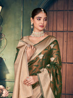 Jyoti Fashion Women's Mehendi Silk Zari Woven Saree with Blouse | Grocsy
