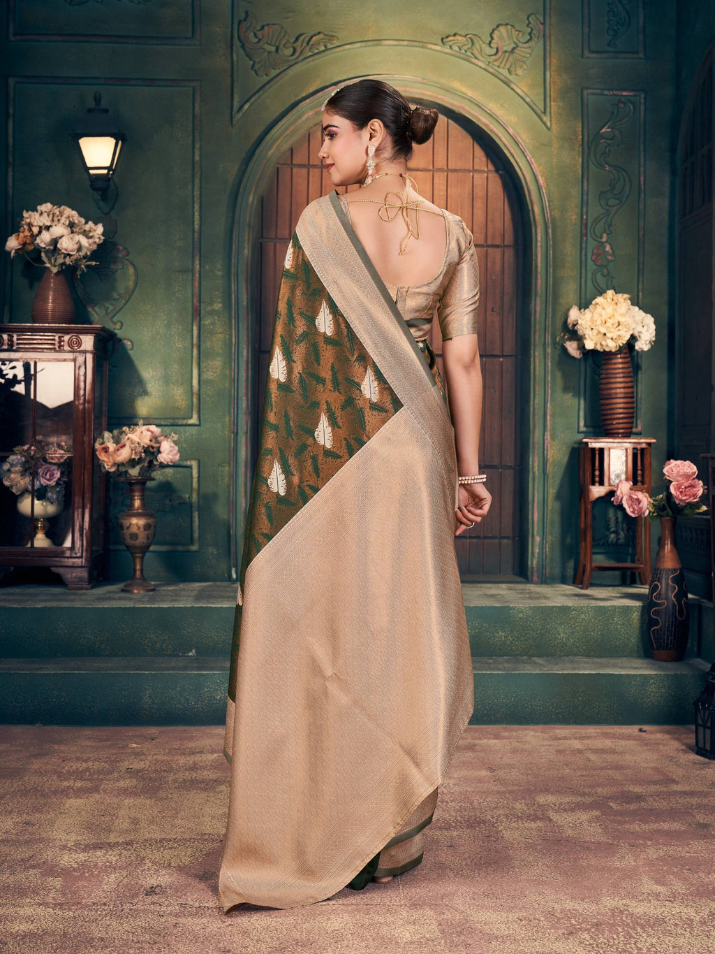 Jyoti Fashion Women's Mehendi Silk Zari Woven Saree with Blouse | Grocsy