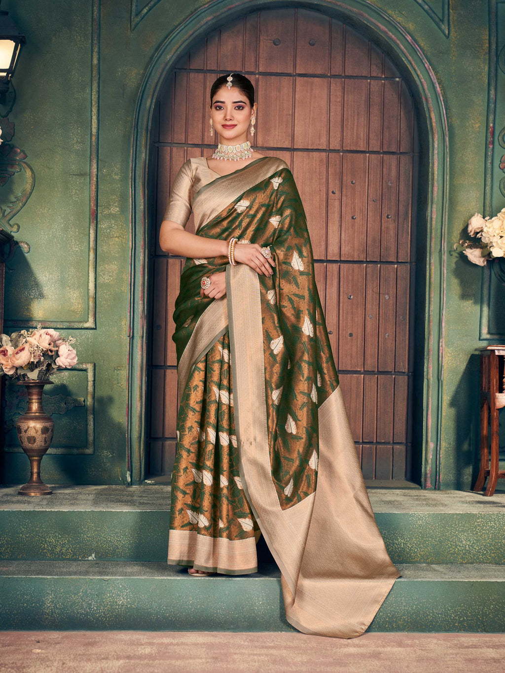 Jyoti Fashion Women's Mehendi Silk Zari Woven Saree with Blouse | Grocsy