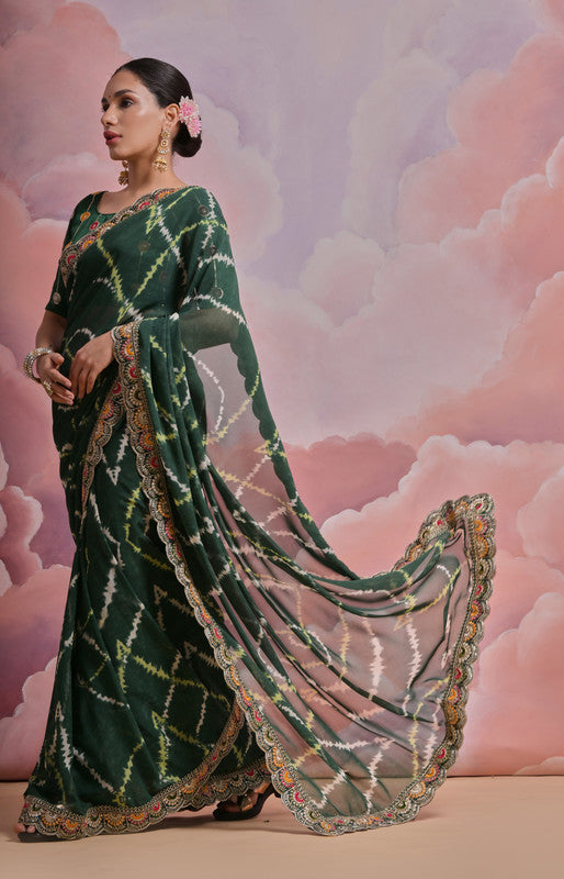 Jyoti Fashion Women's Bottle Green Coding Sequence Georgette Saree with Blouse | Grocsy