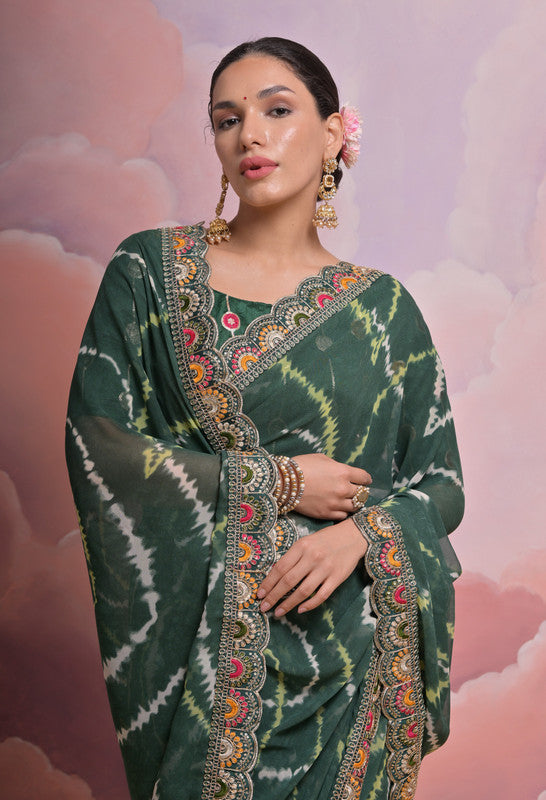 Jyoti Fashion Women's Bottle Green Coding Sequence Georgette Saree with Blouse | Grocsy