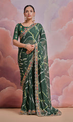 Jyoti Fashion Women's Bottle Green Coding Sequence Georgette Saree with Blouse | Grocsy