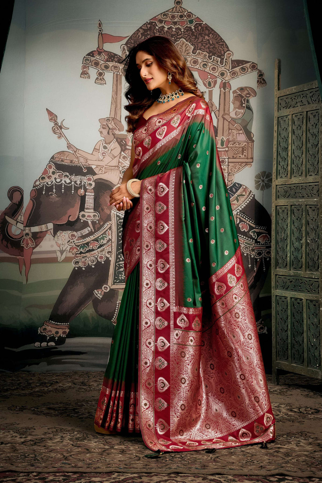 Jyoti Fashion Women's Bottle Green Soft Silk Zari Woven Saree with Blouse | Grocsy