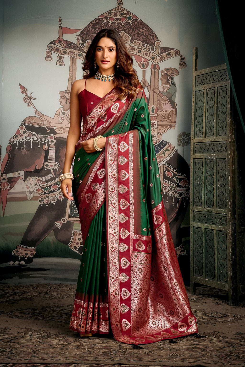 Jyoti Fashion Women's Bottle Green Soft Silk Zari Woven Saree with Blouse | Grocsy