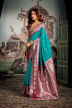 Jyoti Fashion Women's Turquoise Soft Silk Zari Woven Saree with Blouse | Grocsy
