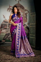 Jyoti Fashion Women's Purple Soft Silk Zari Woven Saree with Blouse | Grocsy