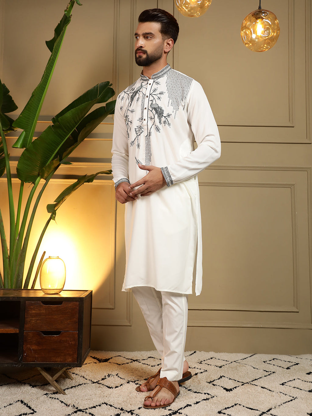 Jyoti Fashion Men's White Viscose Silk Sequins Embroidered Kurta with Pajama | Grocsy