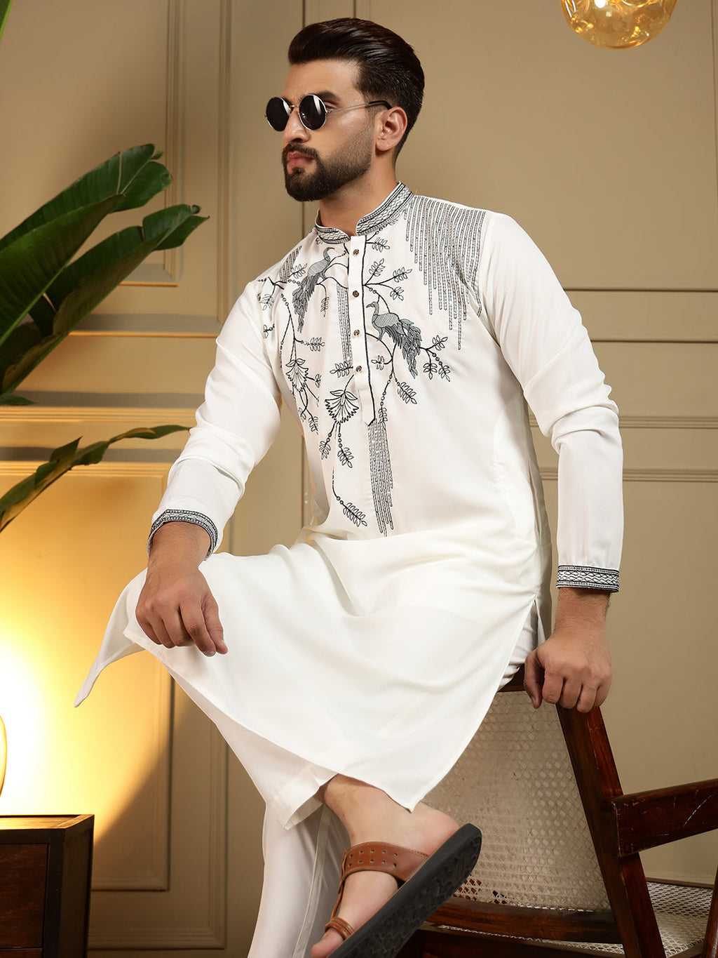 Jyoti Fashion Men's White Viscose Silk Sequins Embroidered Kurta with Pajama | Grocsy