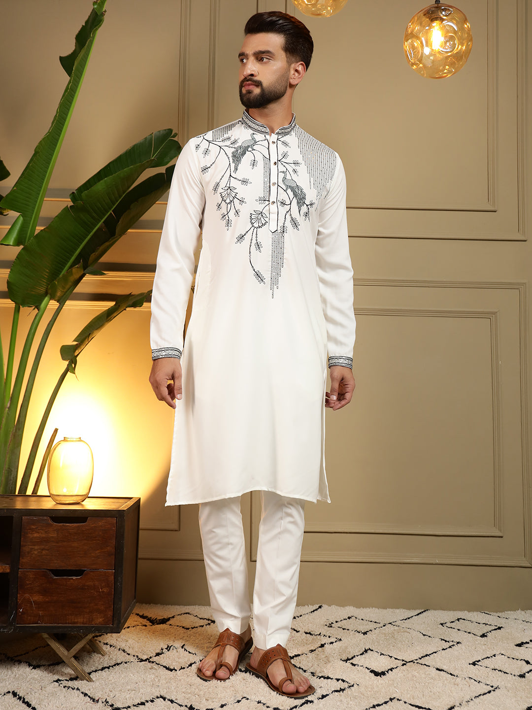 Jyoti Fashion Men's White Viscose Silk Sequins Embroidered Kurta with Pajama | Grocsy