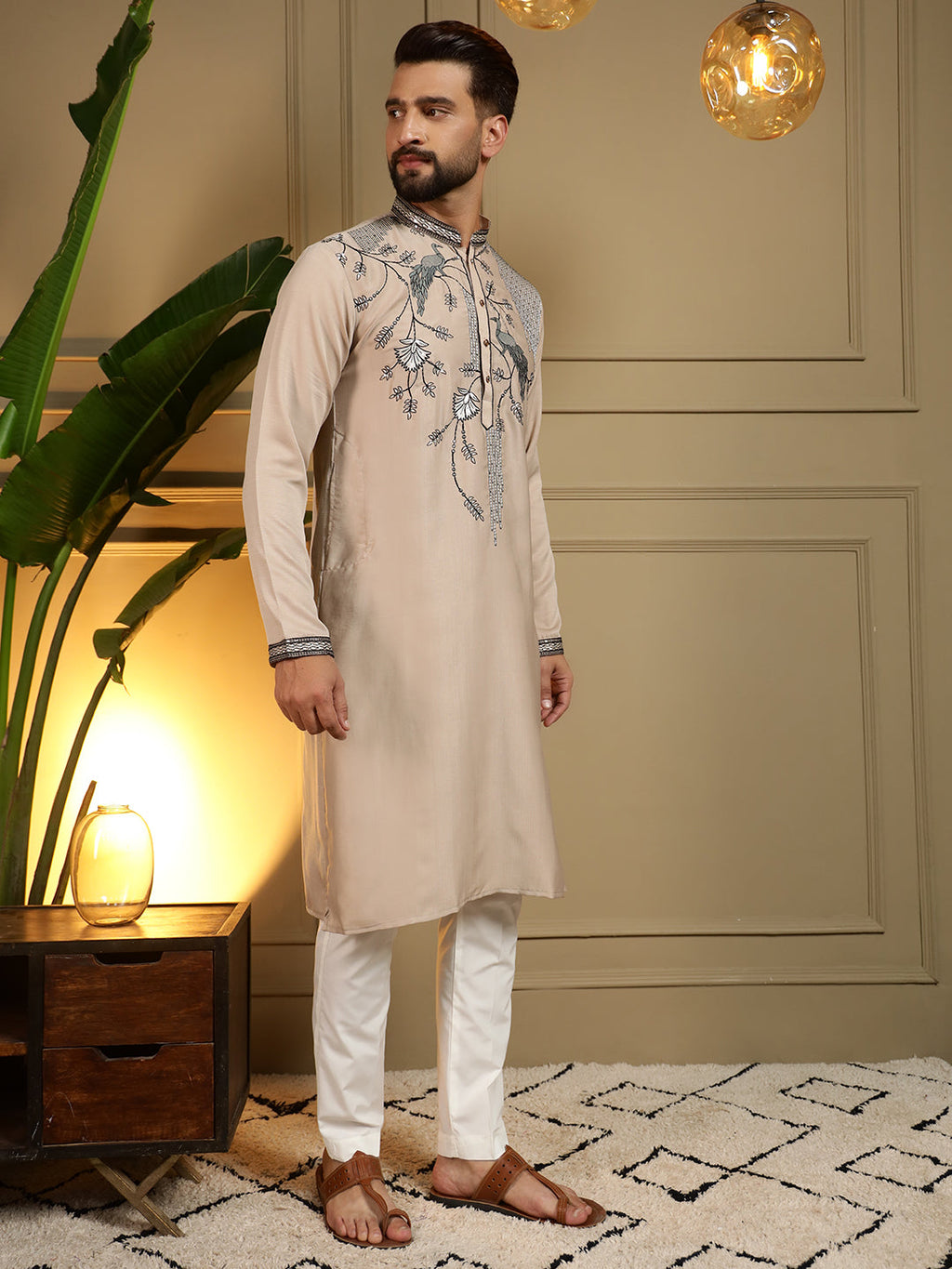 Jyoti Fashion Men's Beige Viscose Silk Sequins Embroidered Kurta with Pajama | Grocsy