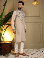 Jyoti Fashion Men's Beige Viscose Silk Sequins Embroidered Kurta with Pajama | Grocsy