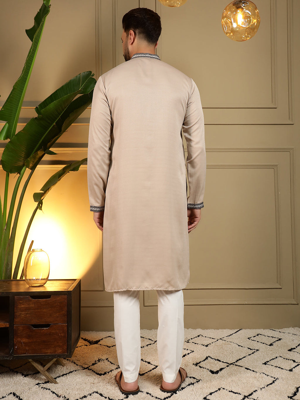Jyoti Fashion Men's Beige Viscose Silk Sequins Embroidered Kurta with Pajama | Grocsy
