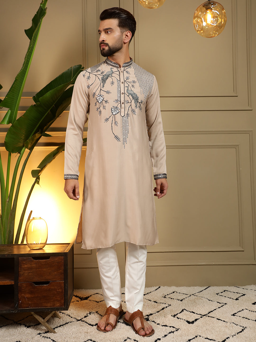 Jyoti Fashion Men's Beige Viscose Silk Sequins Embroidered Kurta with Pajama | Grocsy