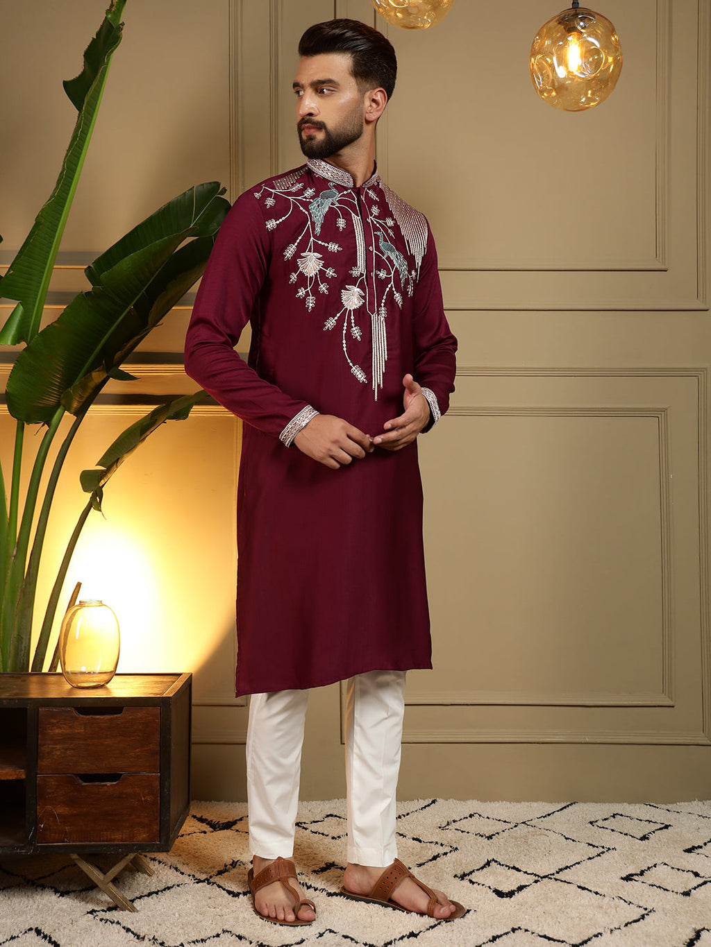 Jyoti Fashion Men's Maroon Viscose Silk Sequins Embroidered Kurta with Pajama | Grocsy