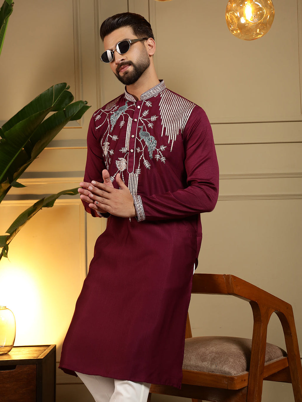 Jyoti Fashion Men's Maroon Viscose Silk Sequins Embroidered Kurta with Pajama | Grocsy