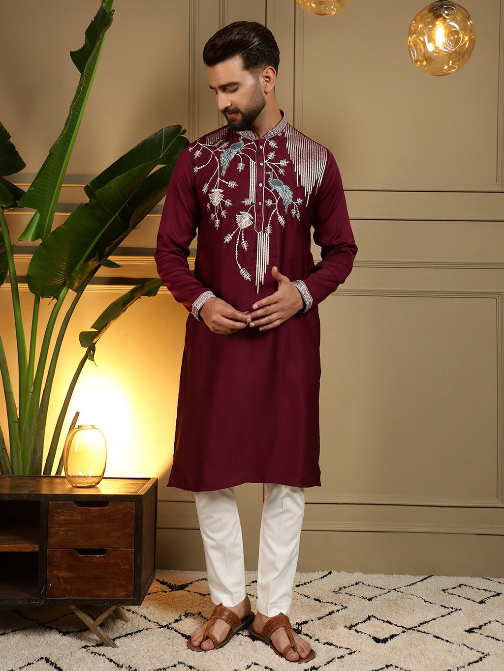 Jyoti Fashion Men's Maroon Viscose Silk Sequins Embroidered Kurta with Pajama | Grocsy