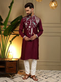 Jyoti Fashion Men's Maroon Viscose Silk Sequins Embroidered Kurta with Pajama | Grocsy