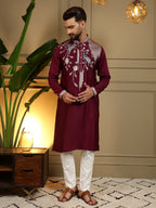 Jyoti Fashion Men's Maroon Viscose Silk Sequins Embroidered Kurta with Pajama | Grocsy