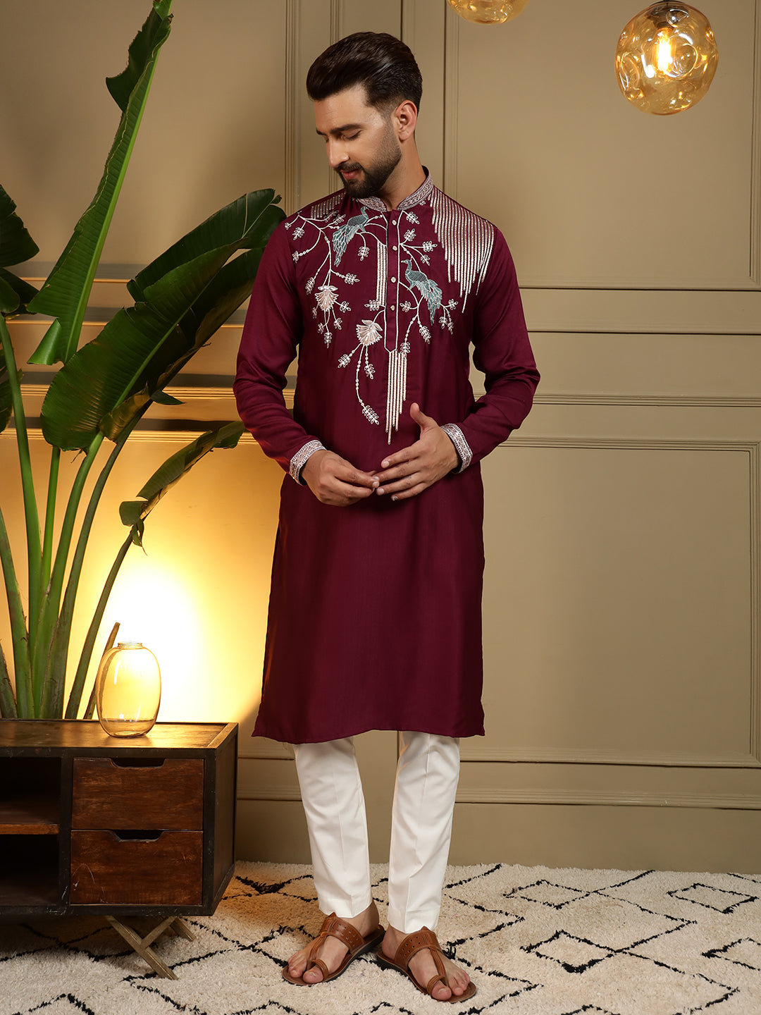 Jyoti Fashion Men's Maroon Viscose Silk Sequins Embroidered Kurta with Pajama | Grocsy